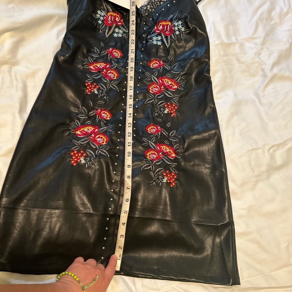 Dex clothing vegan leather dress NWT. Spaghetti straps embroidery, lace top. - Picture 2 of 6